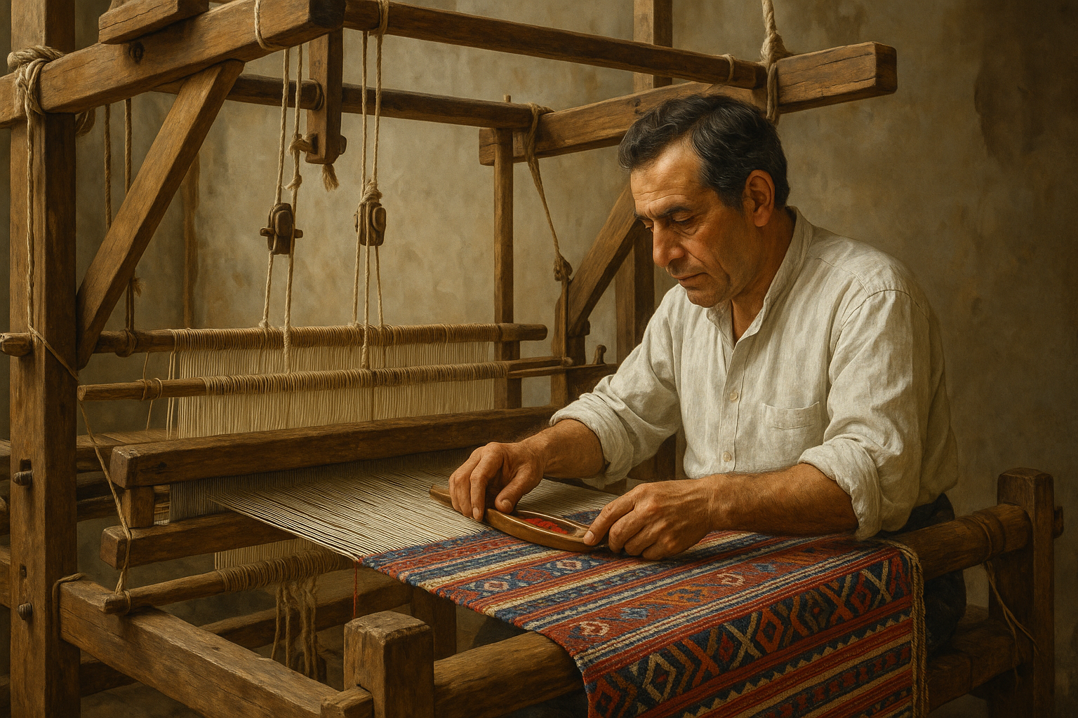 Geleneksel dokuma tezgâhında çalışma